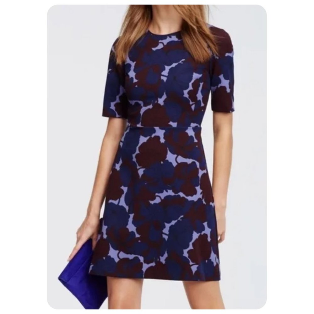 Floral Print Crewneck A-Line Dress in Navy and Plum
